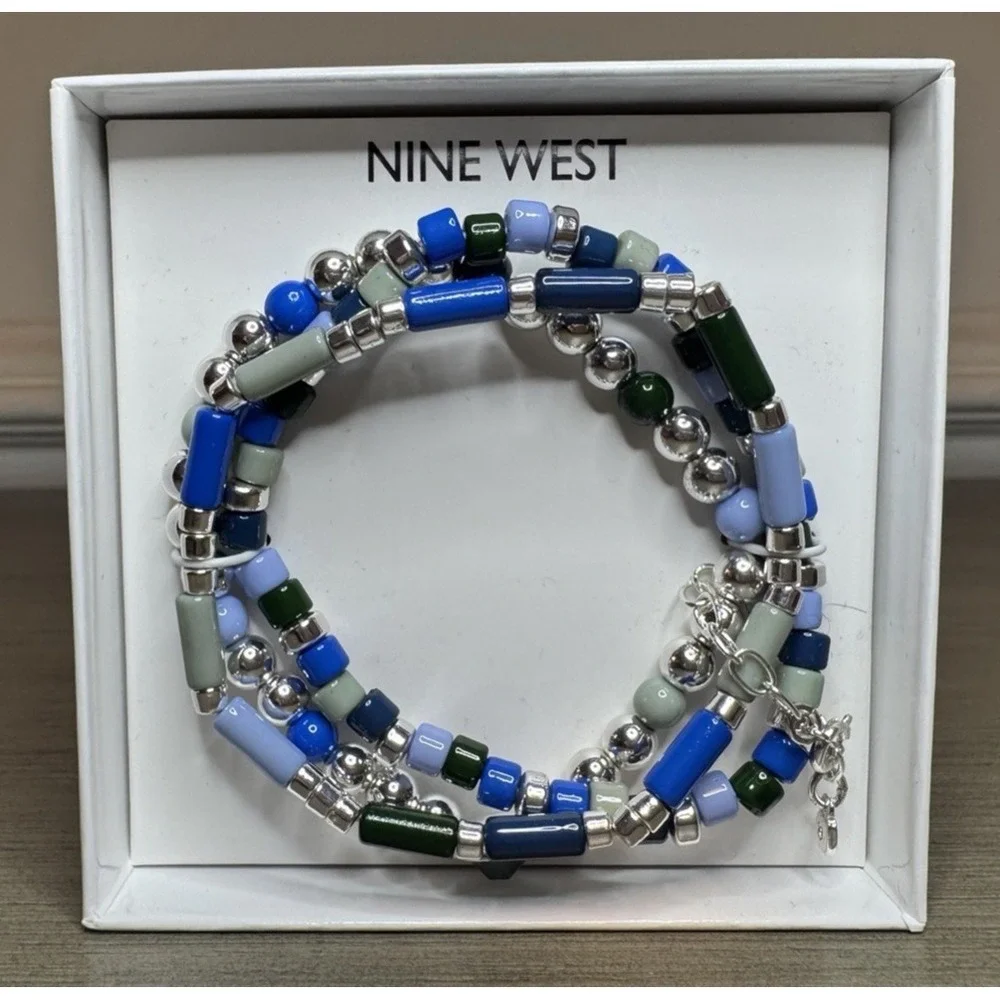Womens Nine West Blue Beaded Stretch Bracelet Set of 3 Fashion Jewelry